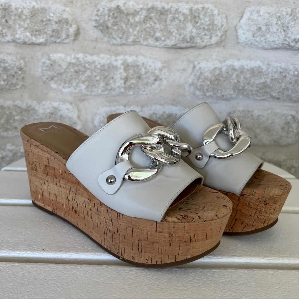 Marc Fisher Vaneda white chain cork platform sandals slides 7.5 silver chain